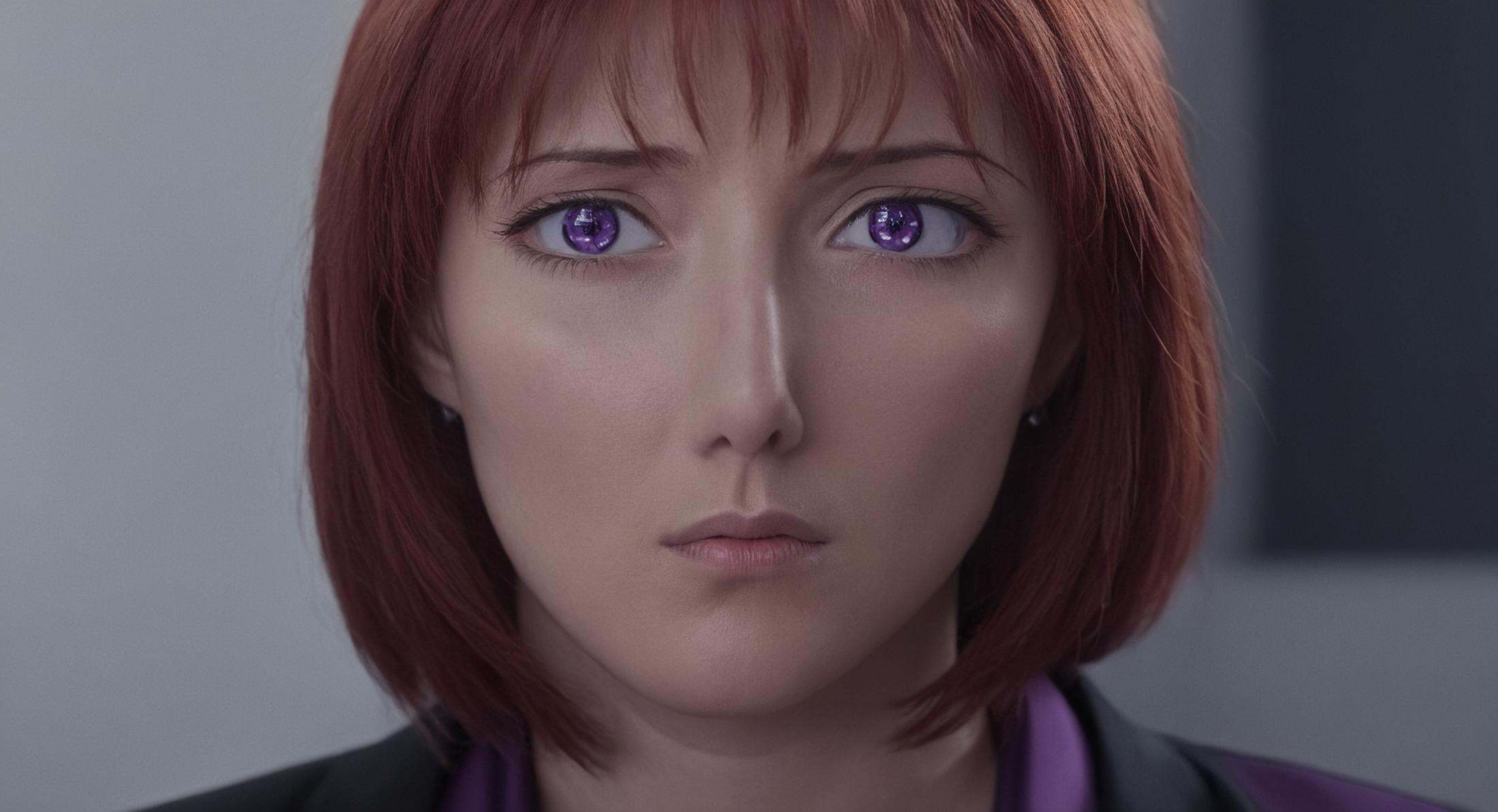 cinematic film still of A realistic cinematic portrait of red hair purple_eyes beautiful Hiroko Takashiro staring at camer...