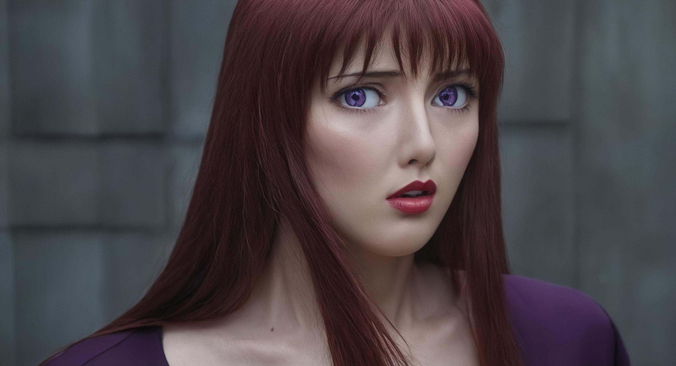 cinematic film still of A realistic cinematic portrait of red_long_hair purple_eyes red_lips beautiful Hiroko Takashiro st...