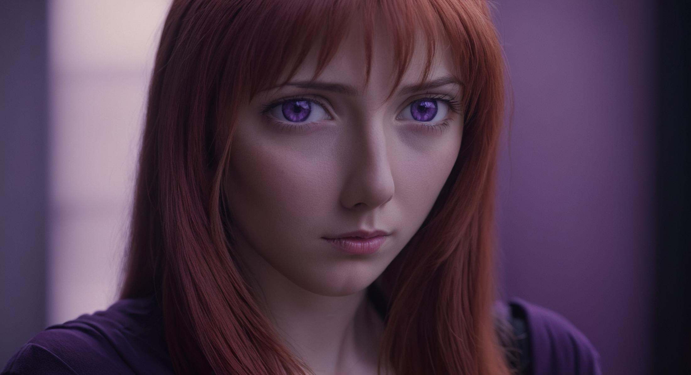 cinematic film still of Hiroko Takashiro a realistic cinematic portrait of a pretty looking red hair purple eyes woman sta...