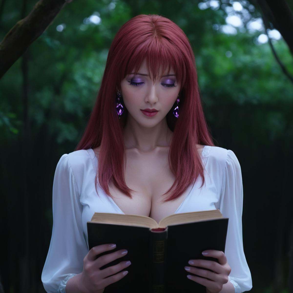 cinematic film still of Low angle from below,  Hiroko Takashiro a woman with red hair holding a magical book,  1girl on Te...