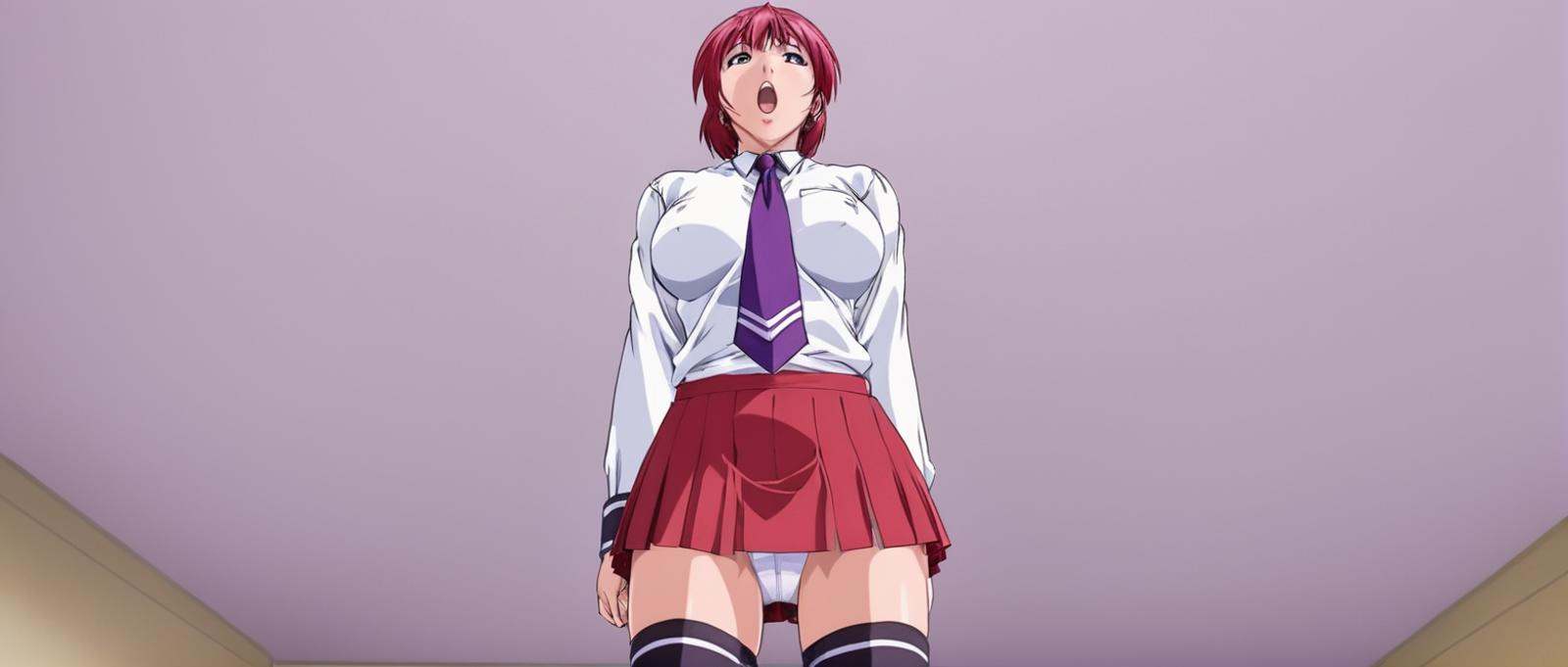 anime artwork of Low angle from below,  Hiroko Takashiro a surprised looking woman in a short skirt and a tie,  1girl on T...