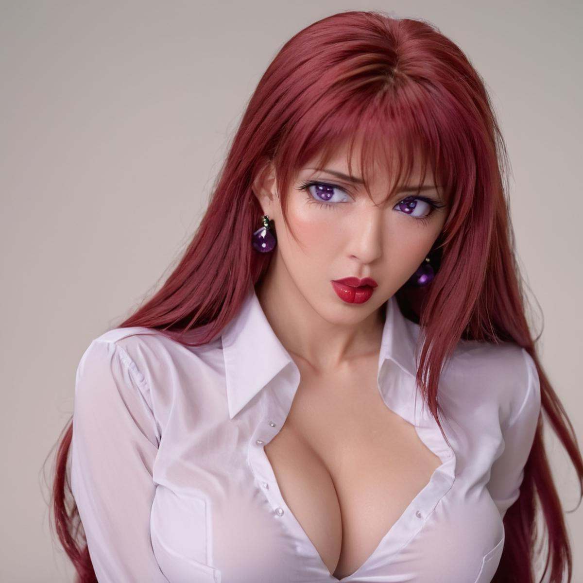 cinematic film still of Purple_EyesHiroko Takashiro a woman with long red hair and a white shirt,  1girl,  solo on Tensor.Art