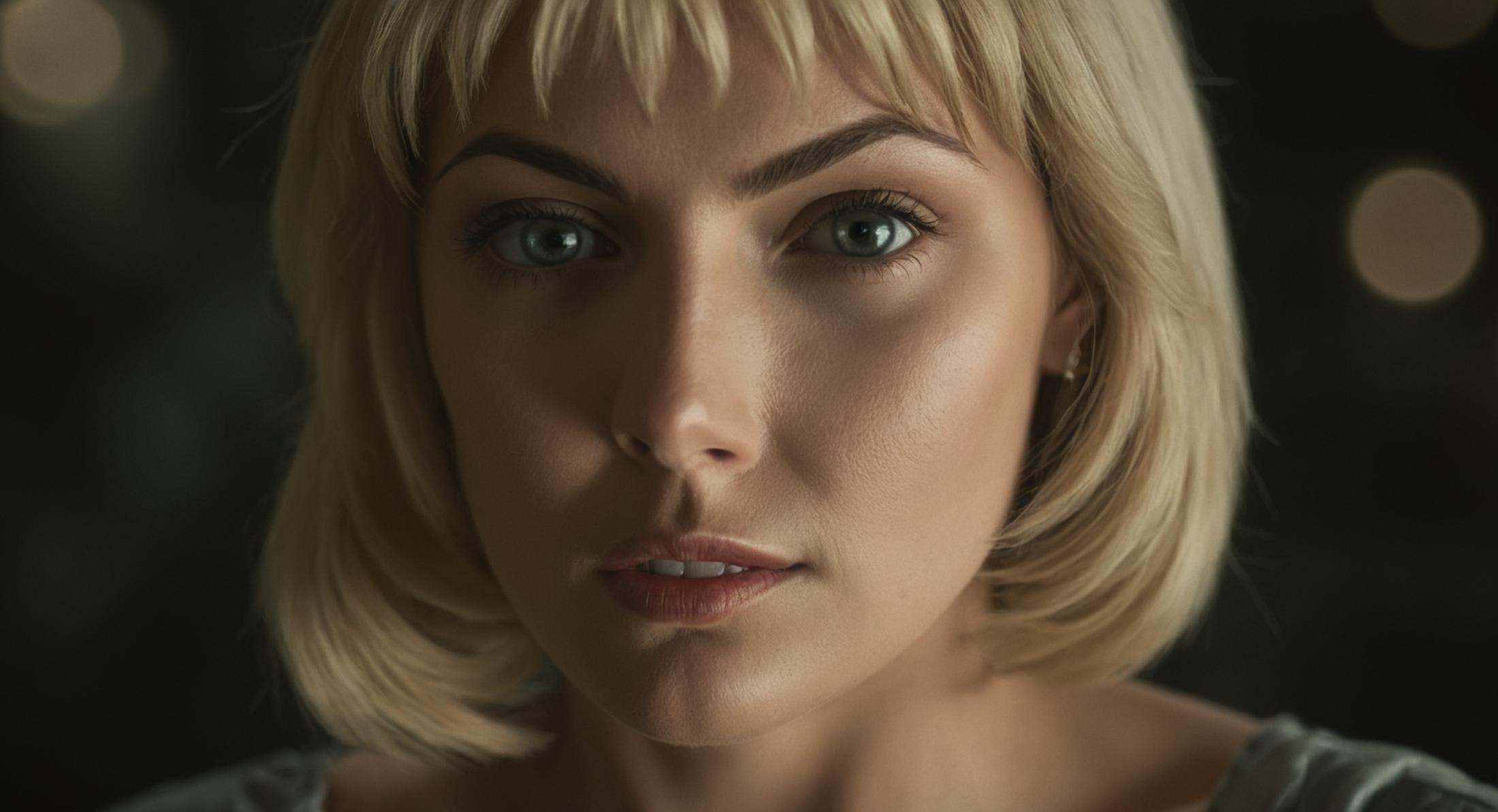 cinematic film still of Jody Crowley a realistic cinematic portrait of a sinister looking blonde woman staring at caemra,...