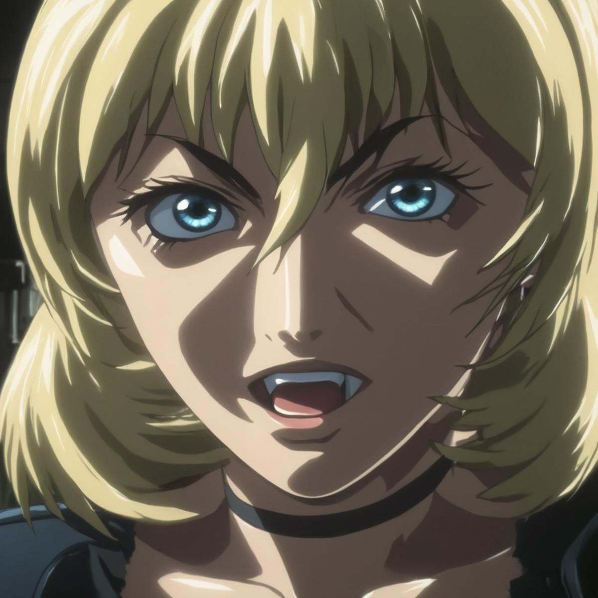 anime artwork of Jody Crowley a realistic cinematic portrait of a sinister looking blonde woman staring at caemra,  anime...