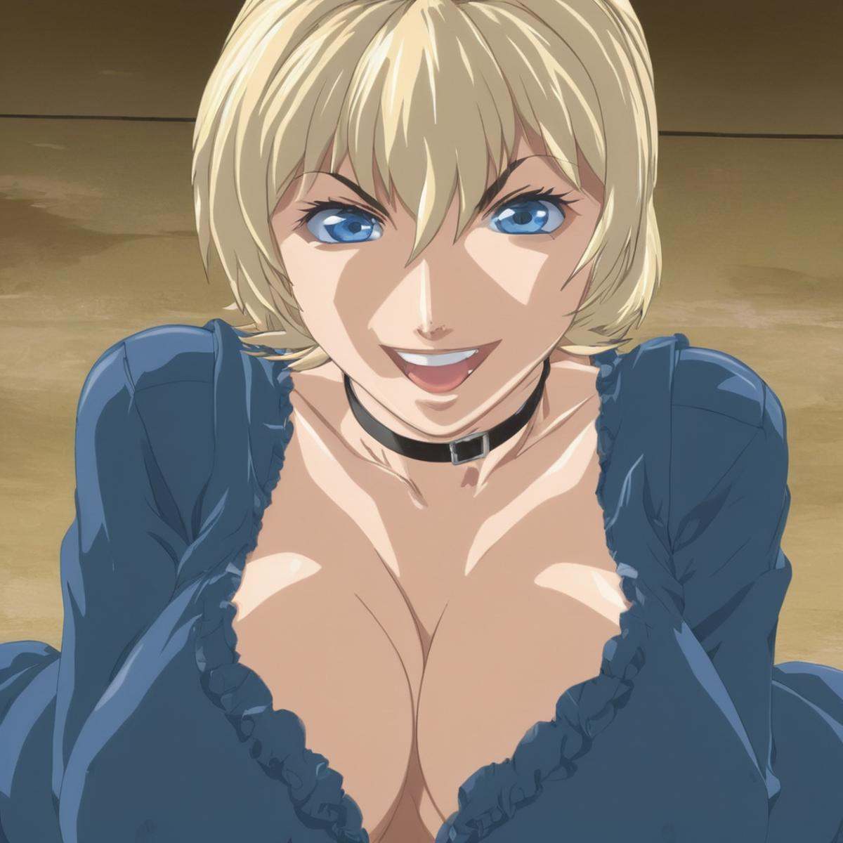 anime artwork of From above,  Jody Crowley a woman with blonde hair and a blue shirt,  1girl on Tensor.Art