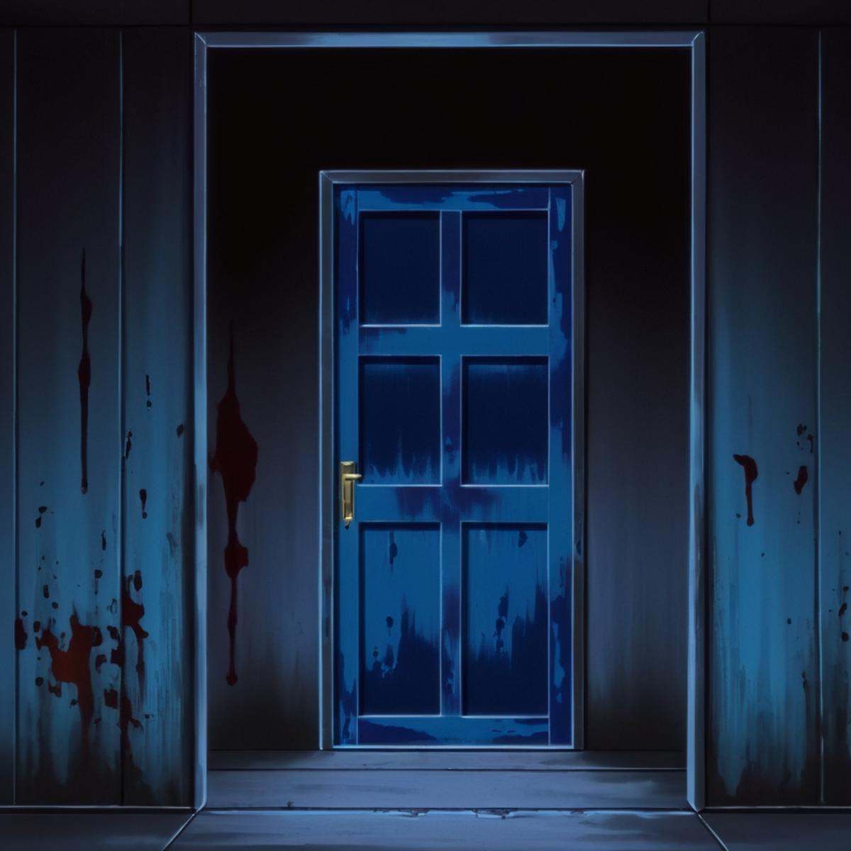 anime artwork of a dark hallway with a blue door and a window,  1girl,  solo on Tensor.Art