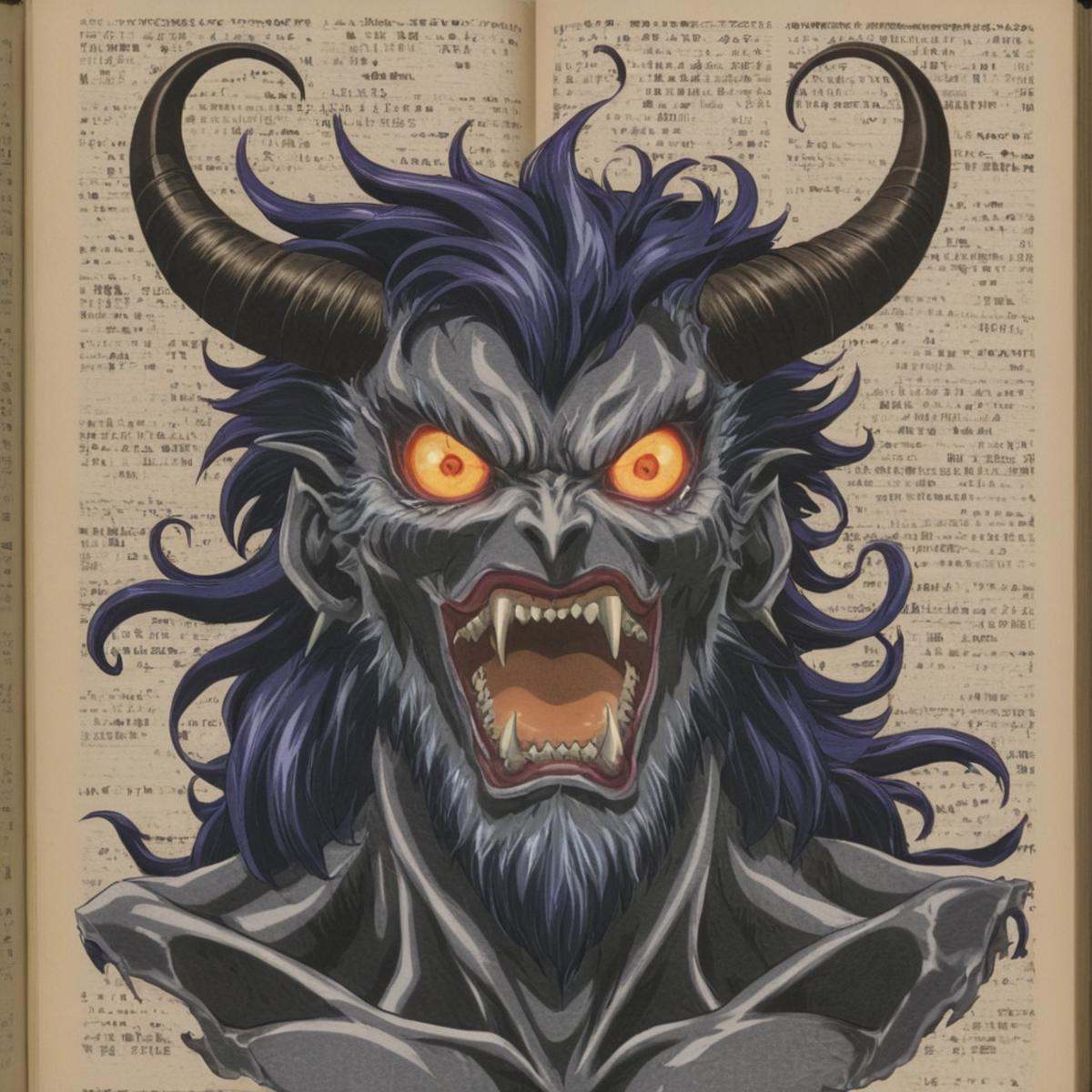 anime artwork of Demon a demonic creature is seen on a book page,  solo,  horns on Tensor.Art