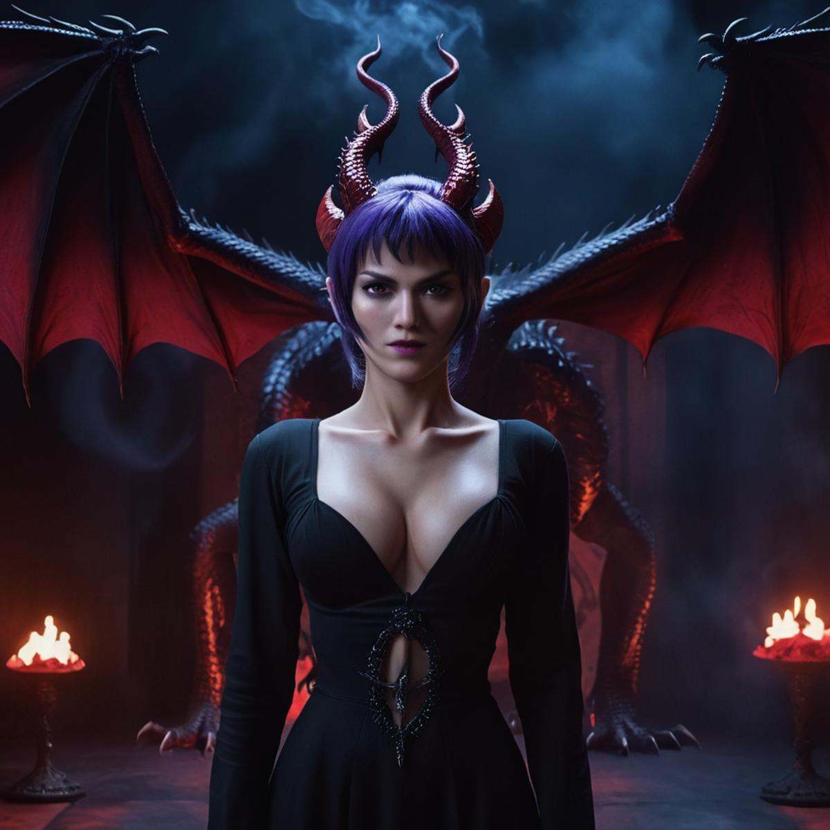 Horror-themed,  A realistic detailed cinematic photo of Nami kozono a purple hair woman in a black magic ritual room stand...