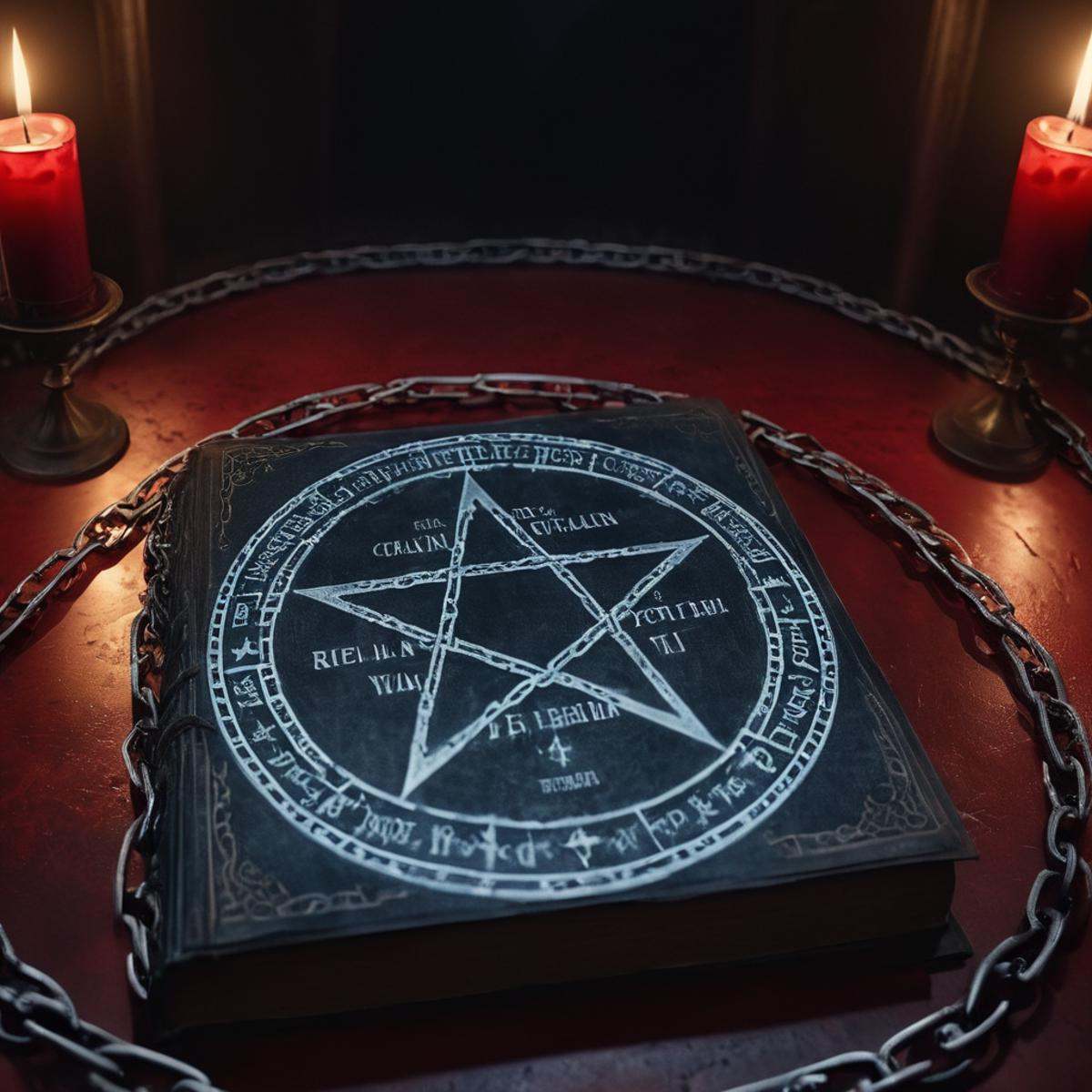 cinematic film still of A realistic detailed cinematic photo of a ritual epic book sealed in chains:1 book:1 behind a bloo...