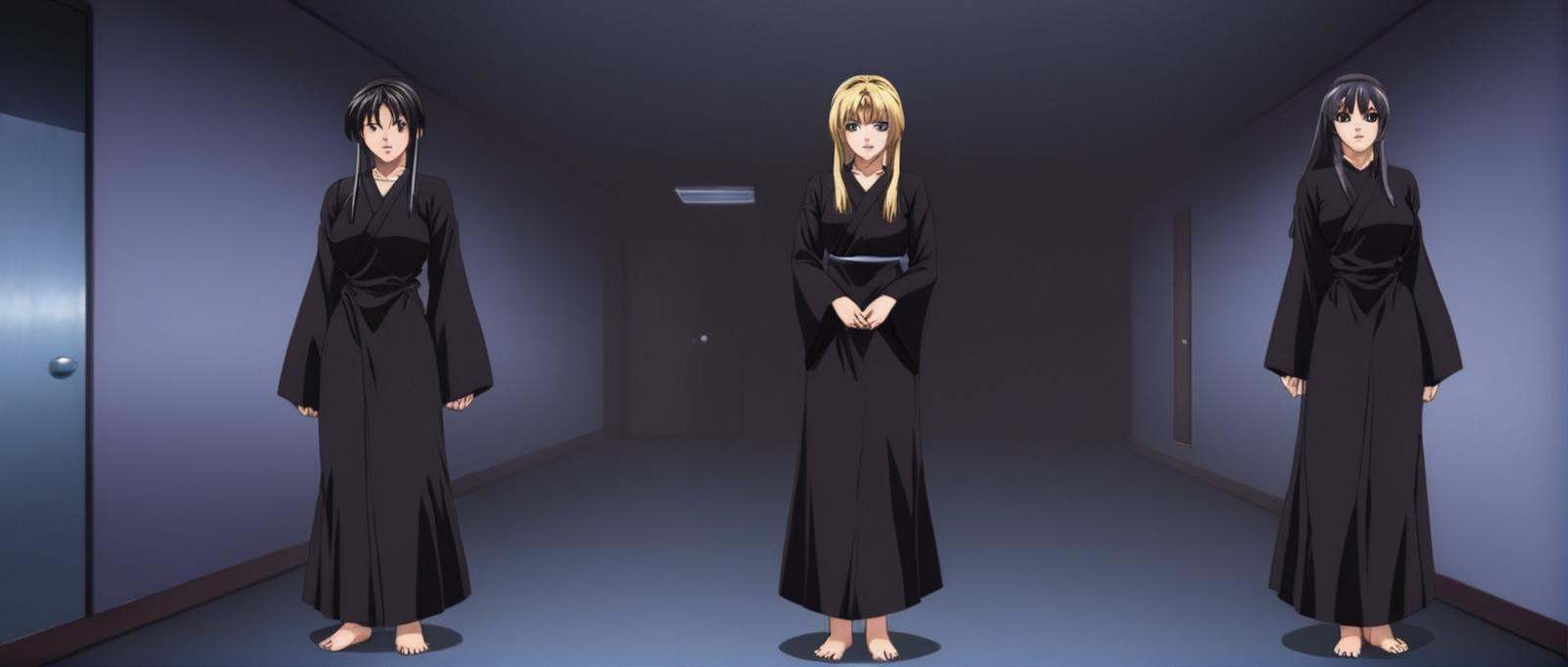 anime artwork of three women in black monk robs standing in a dark room,  long hair,  multiple girls on Tensor.Art