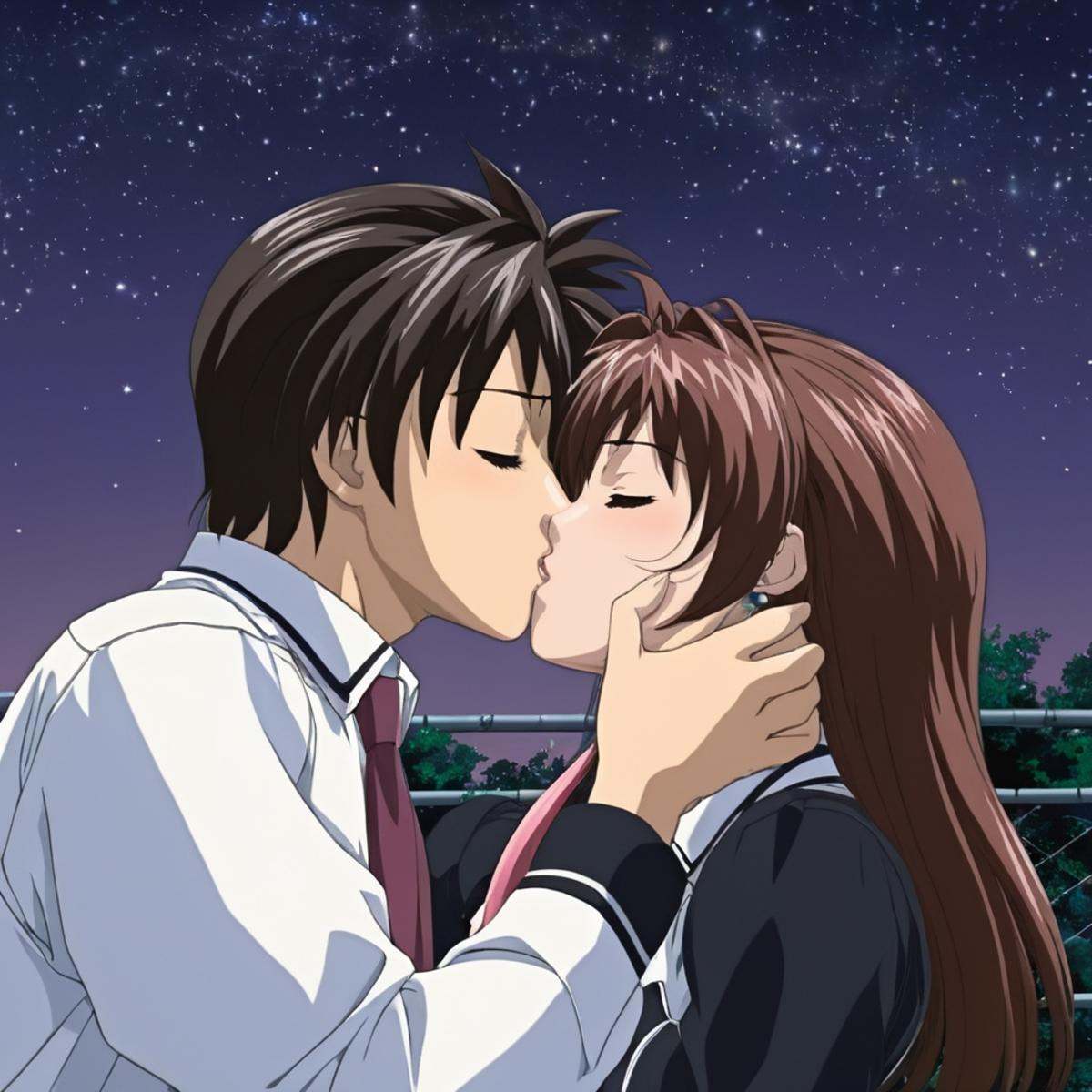 anime artwork of Yuki Toudou and Taki Minase a couple kissing in the dark with a starr sky in the background,  1girl,  lon...