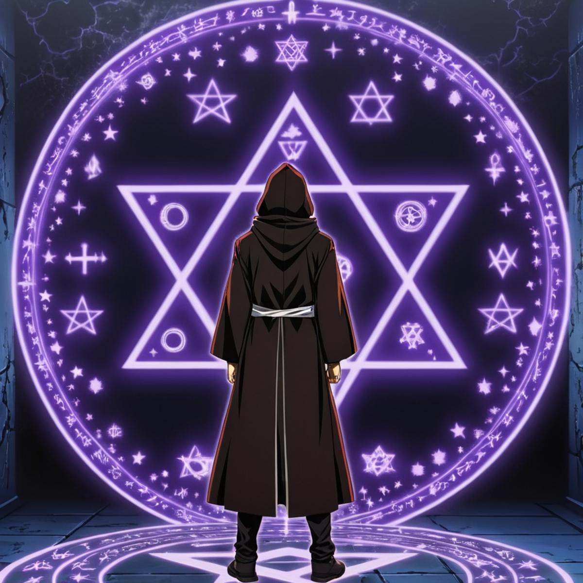 anime artwork of a person standing in front of a wall with a magical circle of symbols,  solo,  1boy on Tensor.Art