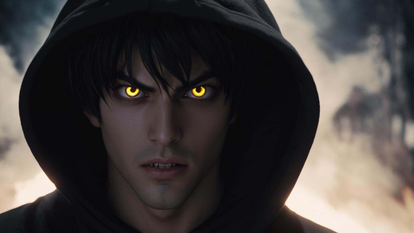 cinematic film still of Chiaroscuro Lighting Style Demon a demonic dark creature is staring at camera with a creepy look o...