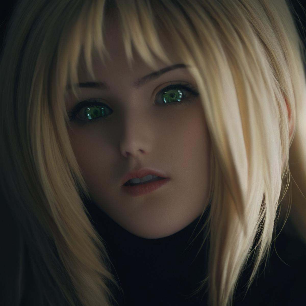 cinematic film still of Chiaroscuro Lighting Style Kaori Saeki blonde (((greeneyes)))dramatic,  cinematic,  shadow on Tens...