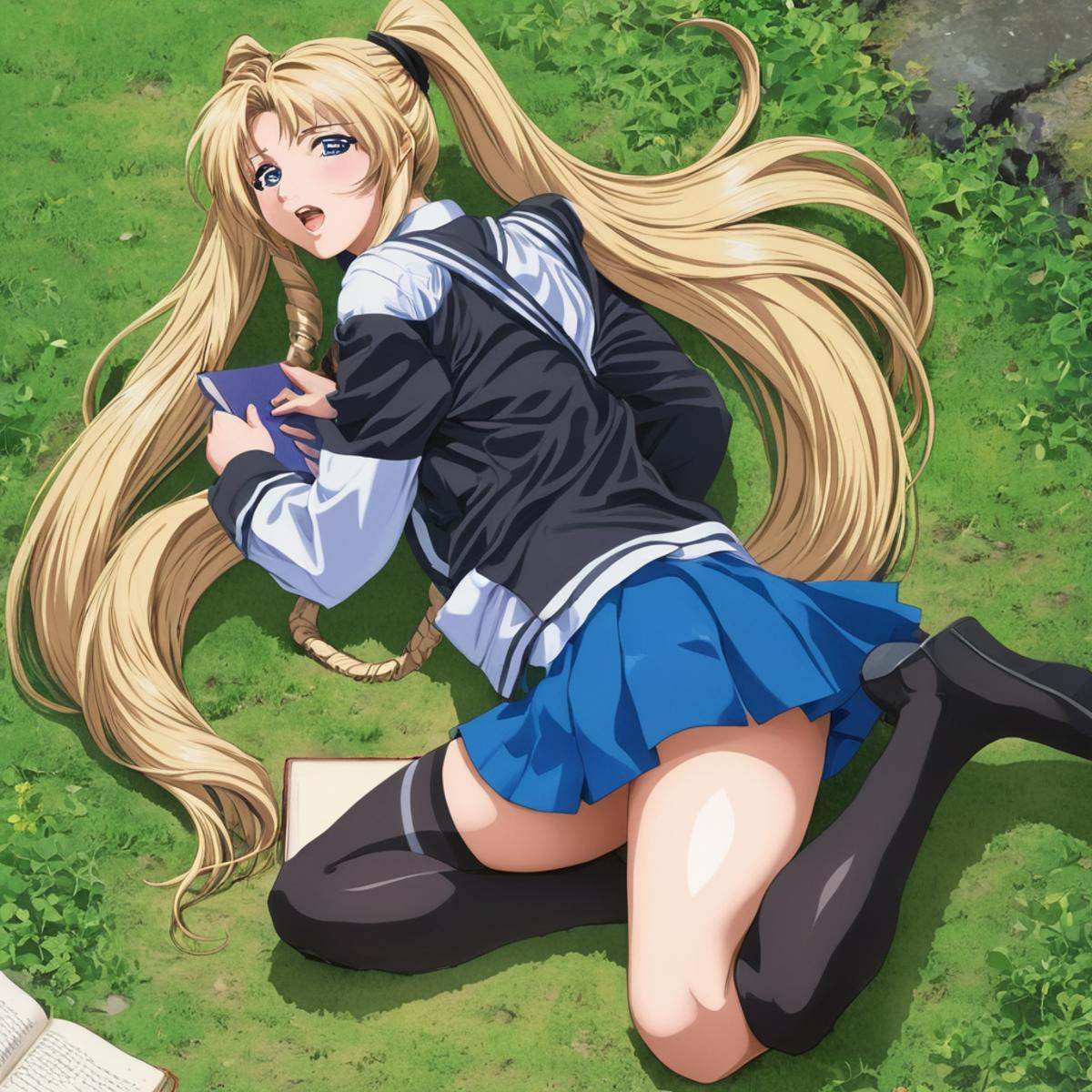 anime artwork of Kaori Saeki a girl sitting on the ground reading a book,  1girl,  solo on Tensor.Art