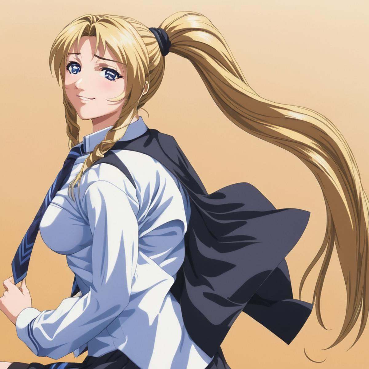 anime artwork of Kaori Saeki a girl with long blonde hair wearing a tie,  1girl,  solo on Tensor.Art