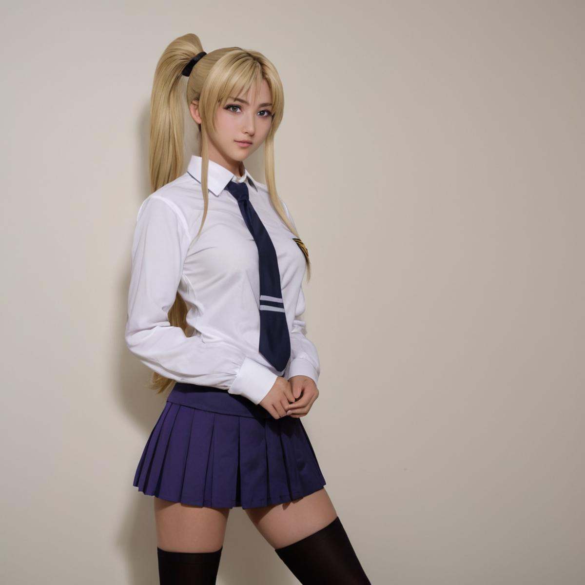 cinematic film still of Chiaroscuro Lighting Style Kaori Saeki blonde (((purpleeyes)))Kaori Saeki a woman in a school unif...