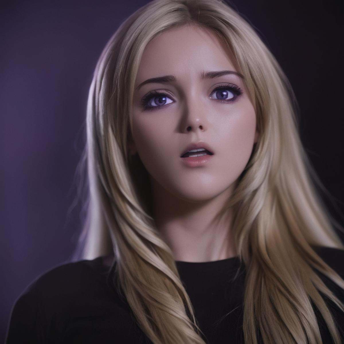 cinematic film still of Chiaroscuro Lighting Style Kaori Saeki blonde (((purpleeyes)))dramatic,  cinematic,  shadow on Ten...
