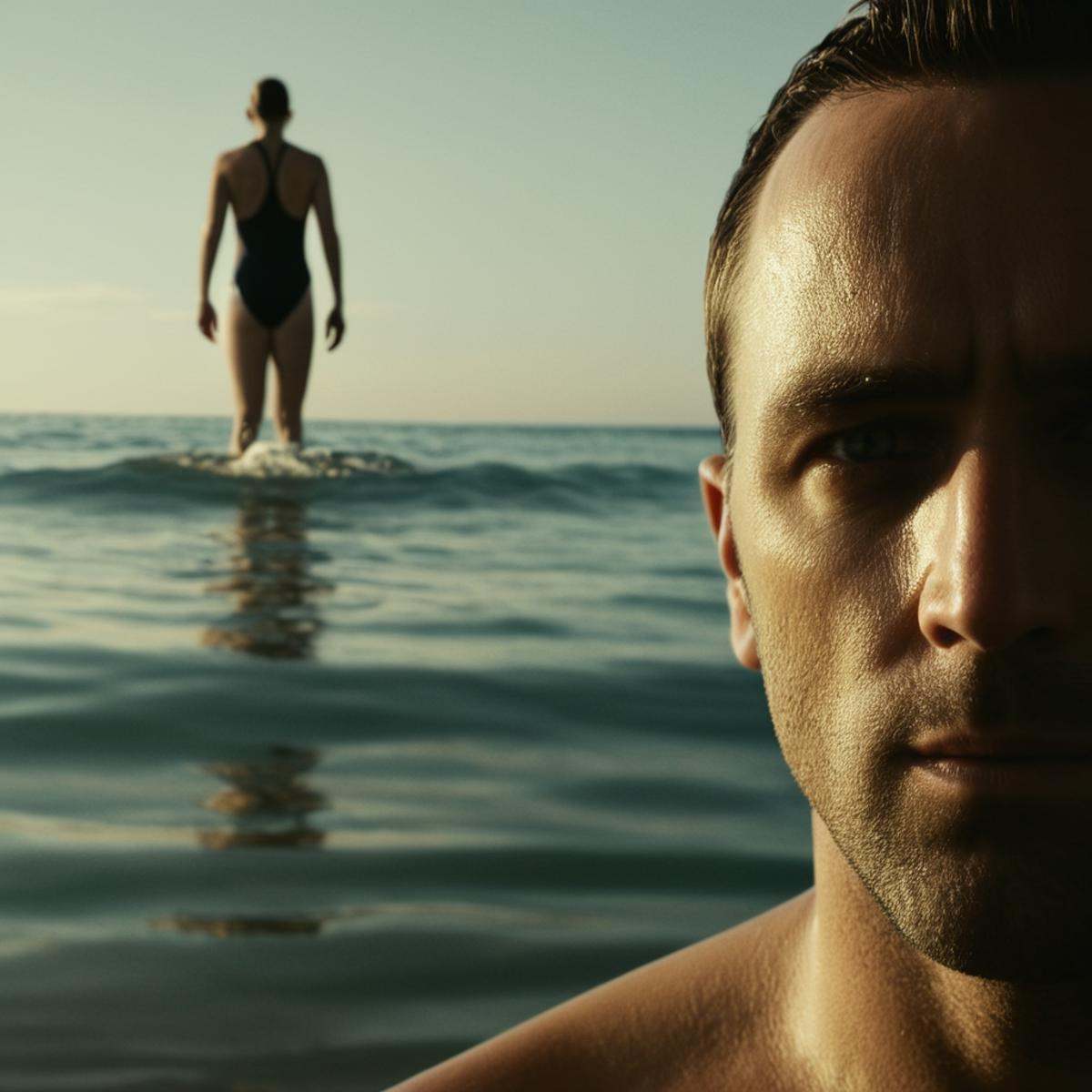 cinematic film still of Split image focus of closeup of a man is standing on beach behind the water with a a woman swimmin...