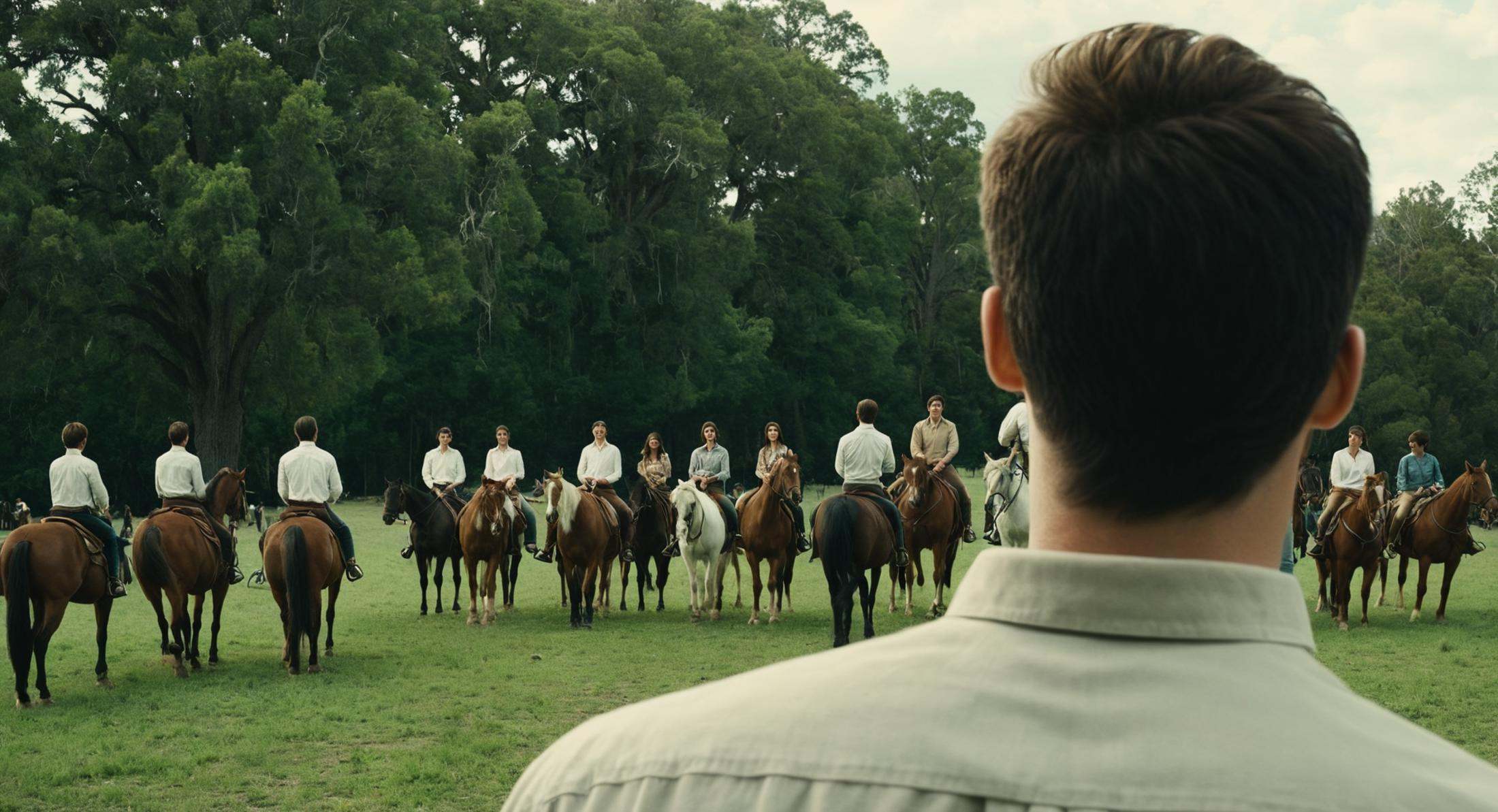 cinematic film still of Split image focus of a man's back at the left looking at a group of people riding horses far away,...
