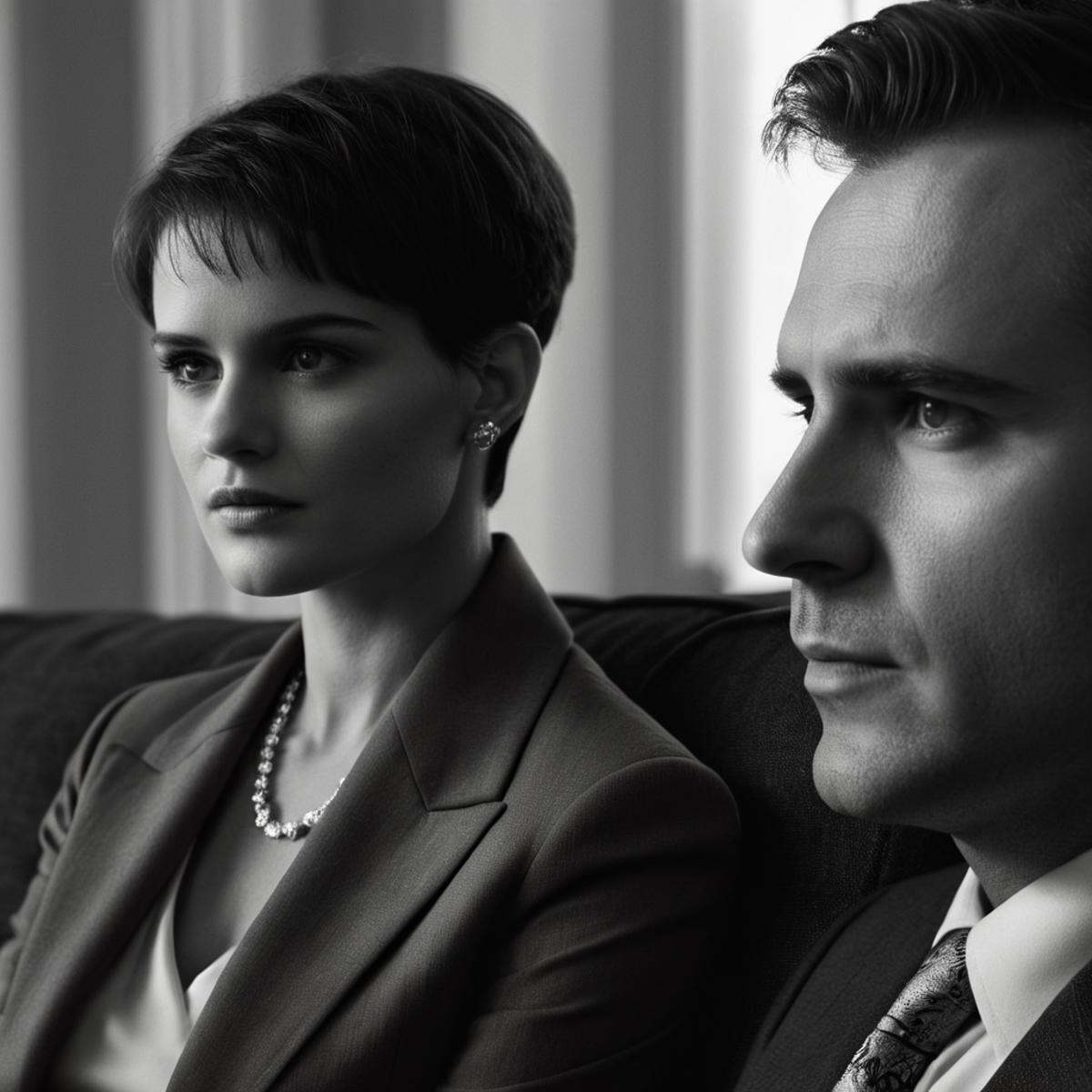cinematic film still of Split image focus of closeup of a man looking at something next to a woman sitting on a couch,  Sp...