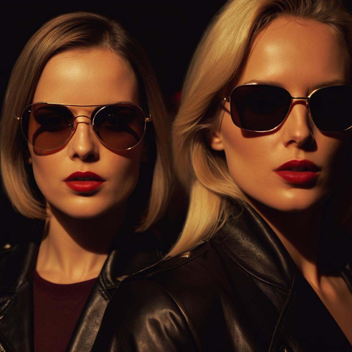 cinematic film still of Split image focus of a closeup of a 1970's woman looking at camera with another mysterious blonde...
