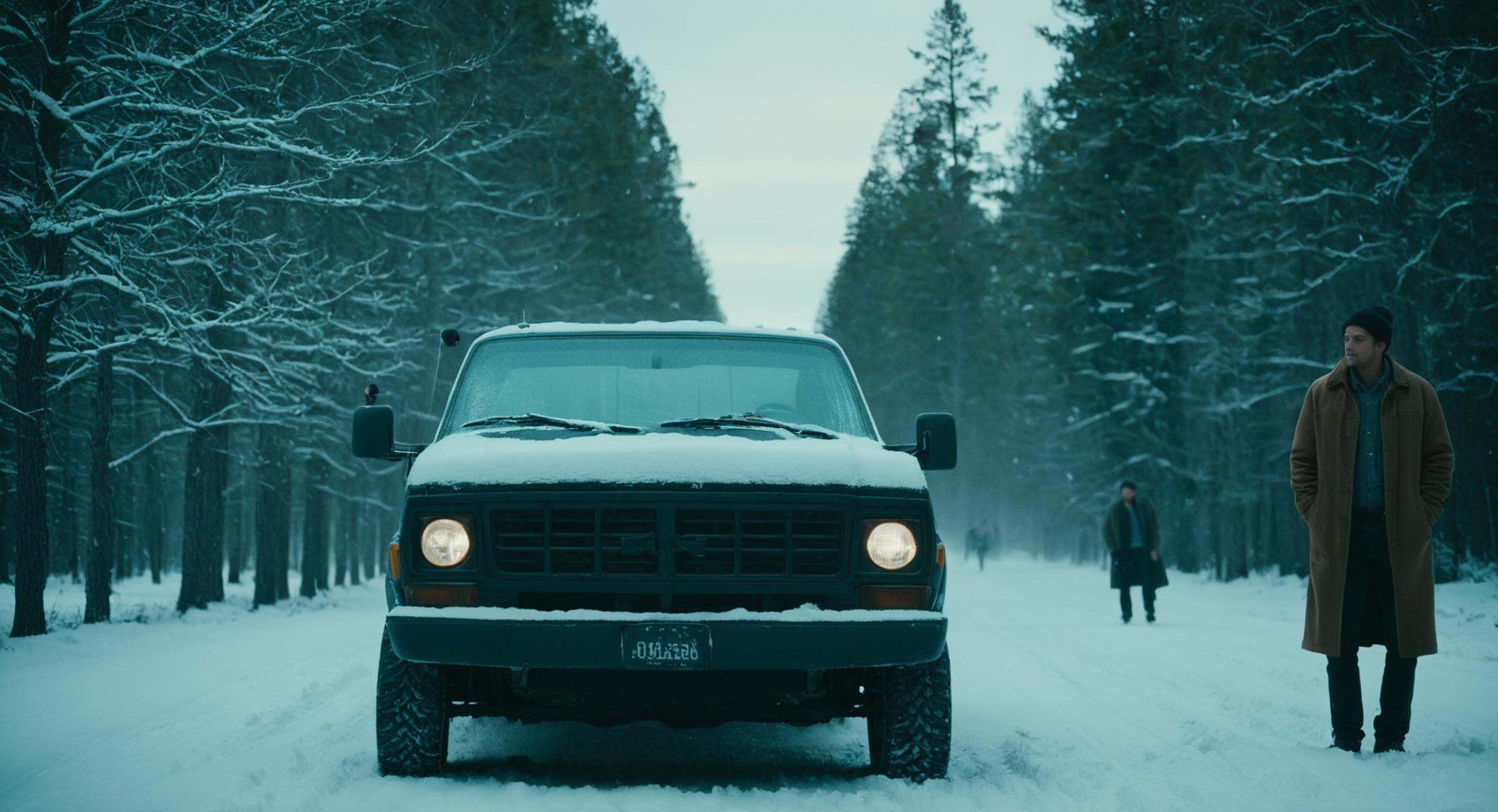 cinematic film still of Split image focus of closeup of a truck car on the left in the snow standing next to two men on th...