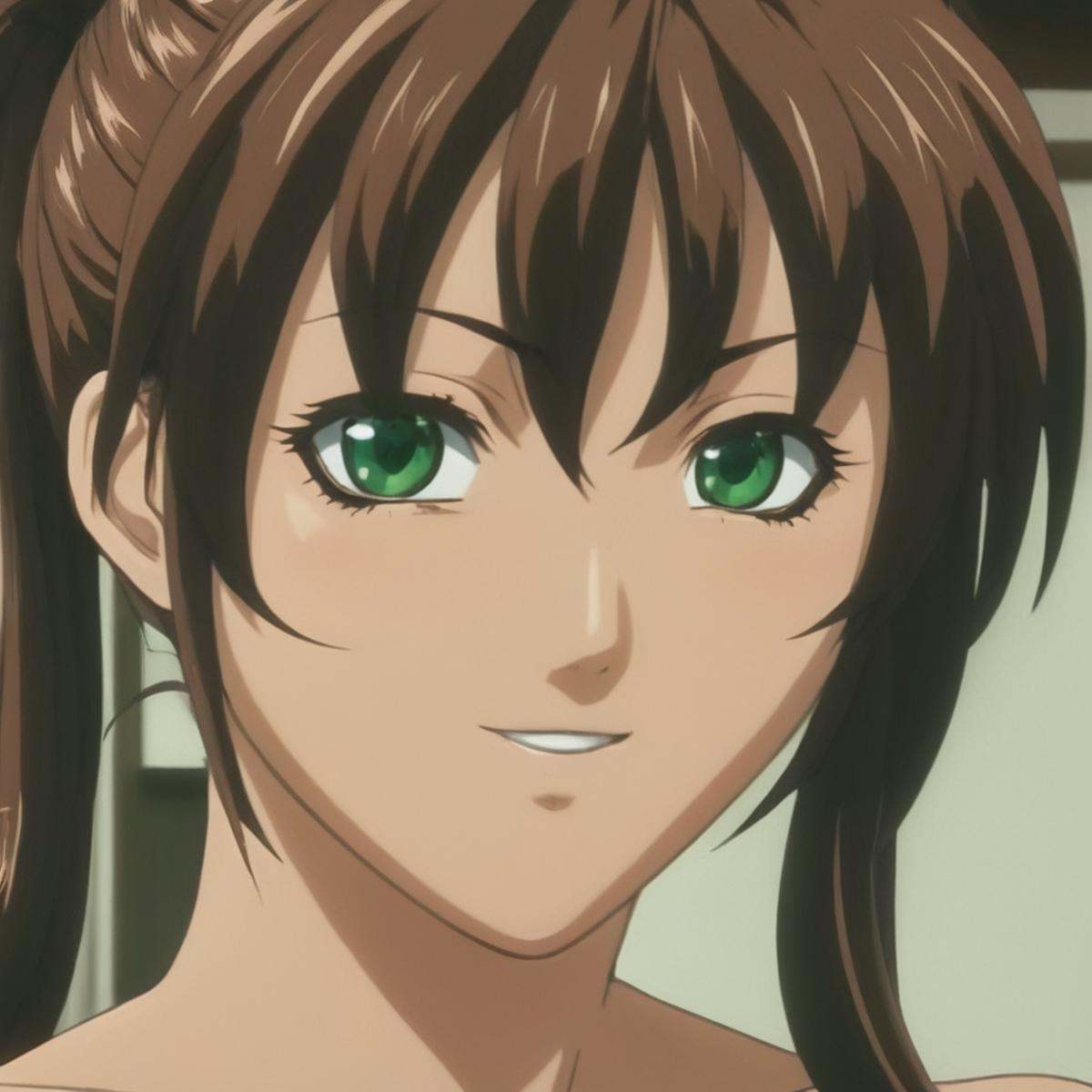 cinematic film still of Chiaroscuro Lighting Style Kurumi Imari (((greeneyes)))Closeup,  Kurumi Imari a woman with a big b...