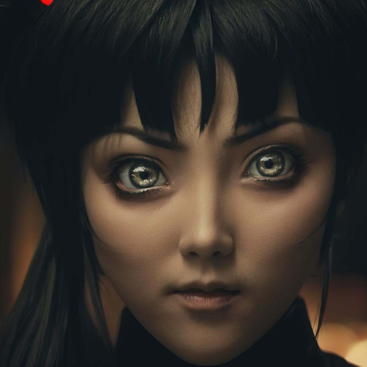 cinematic film still of A sinister villain Kurumi Imari staring at camera with serious evil bright eyes look on her face,...
