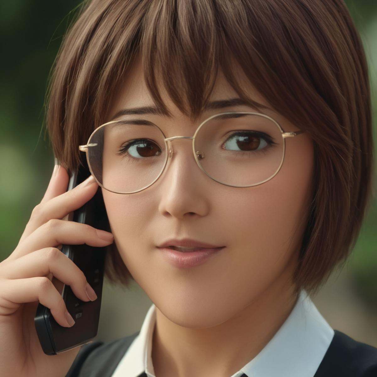 cinematic film still of Miyuki Nonogusa a woman with glasses on talking on a cell phone,  1girl,  brown hair on Tensor.Art