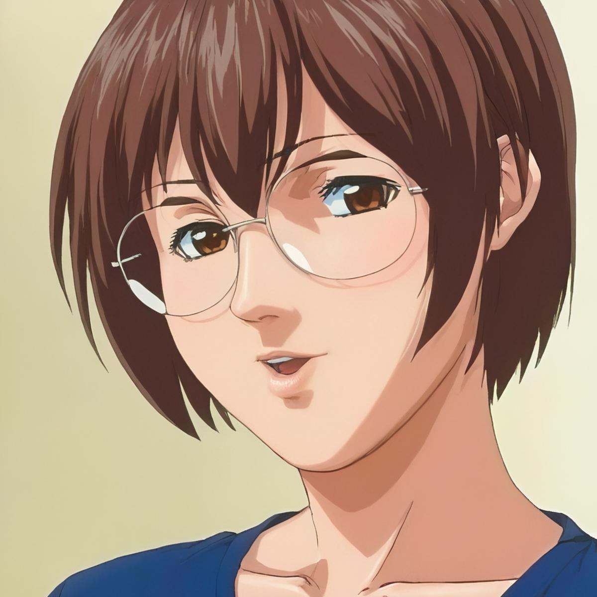 anime artwork of Miyuki Nonogusa a woman with glasses and a blue top,  1girl,  solo on Tensor.Art