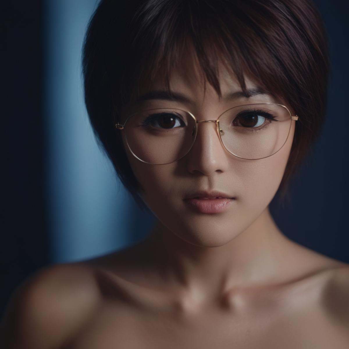cinematic film still of Chiaroscuro Lighting Style Miyuki Nonogusa naked glasses,  shallow depth of field,  vignette on Te...