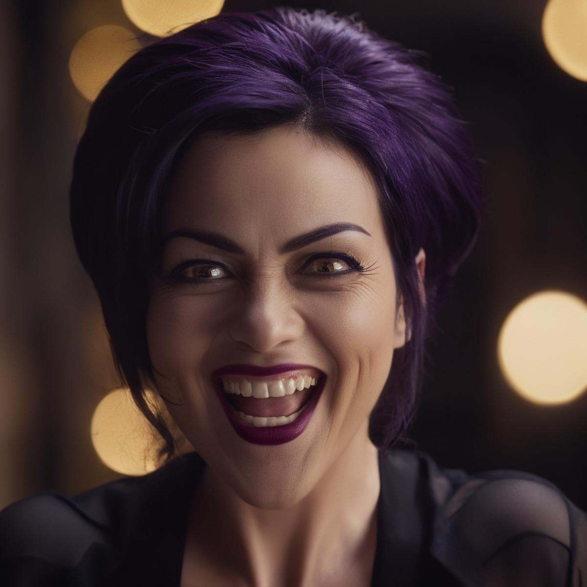 cinematic film still of Nami kozono a cinematic realistic photo of a sinister woman with an evil laugh smile and dark purp...