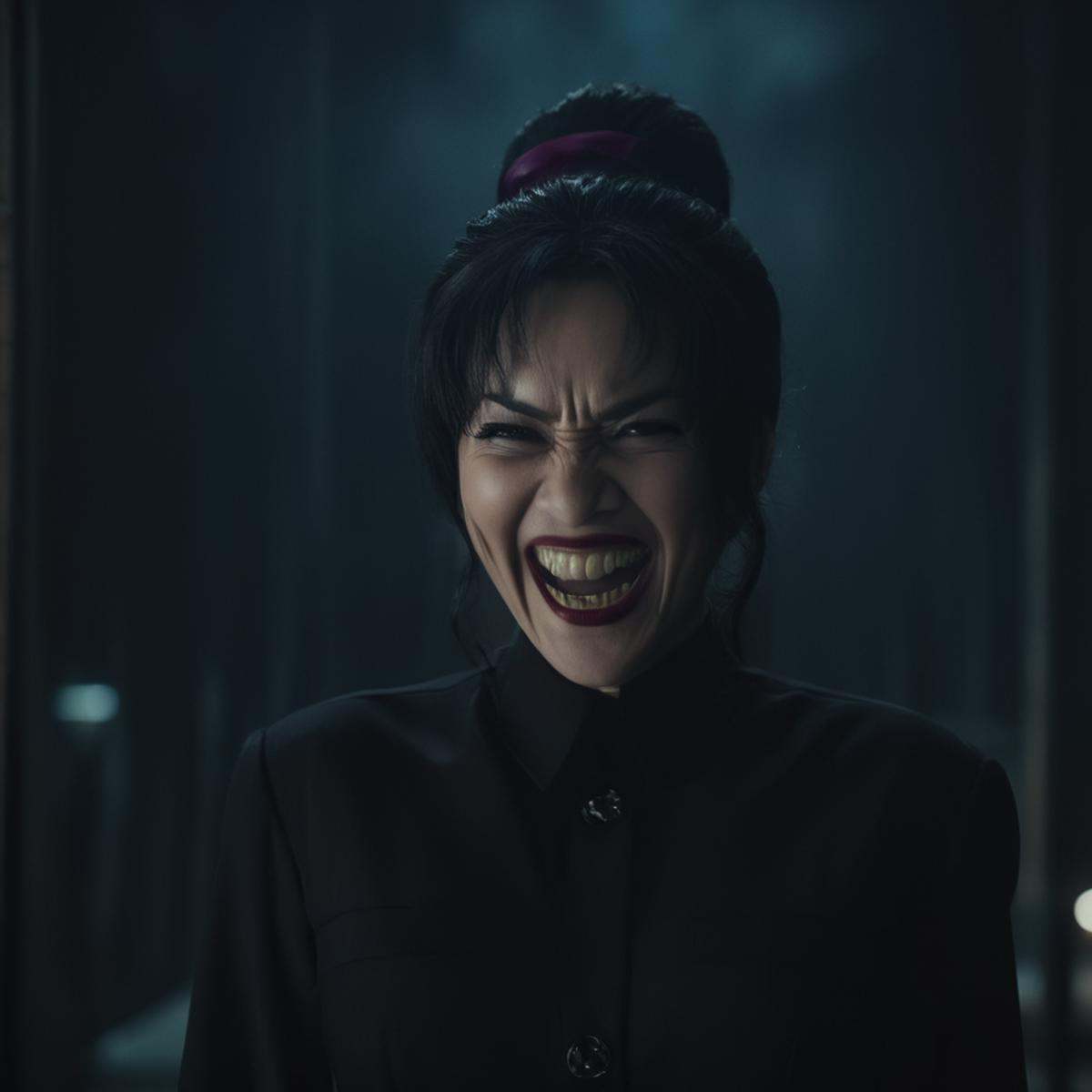 cinematic film still of Nami kozono a cinematic realistic photo of a sinister woman with an evil laugh smile,  shallow dep...