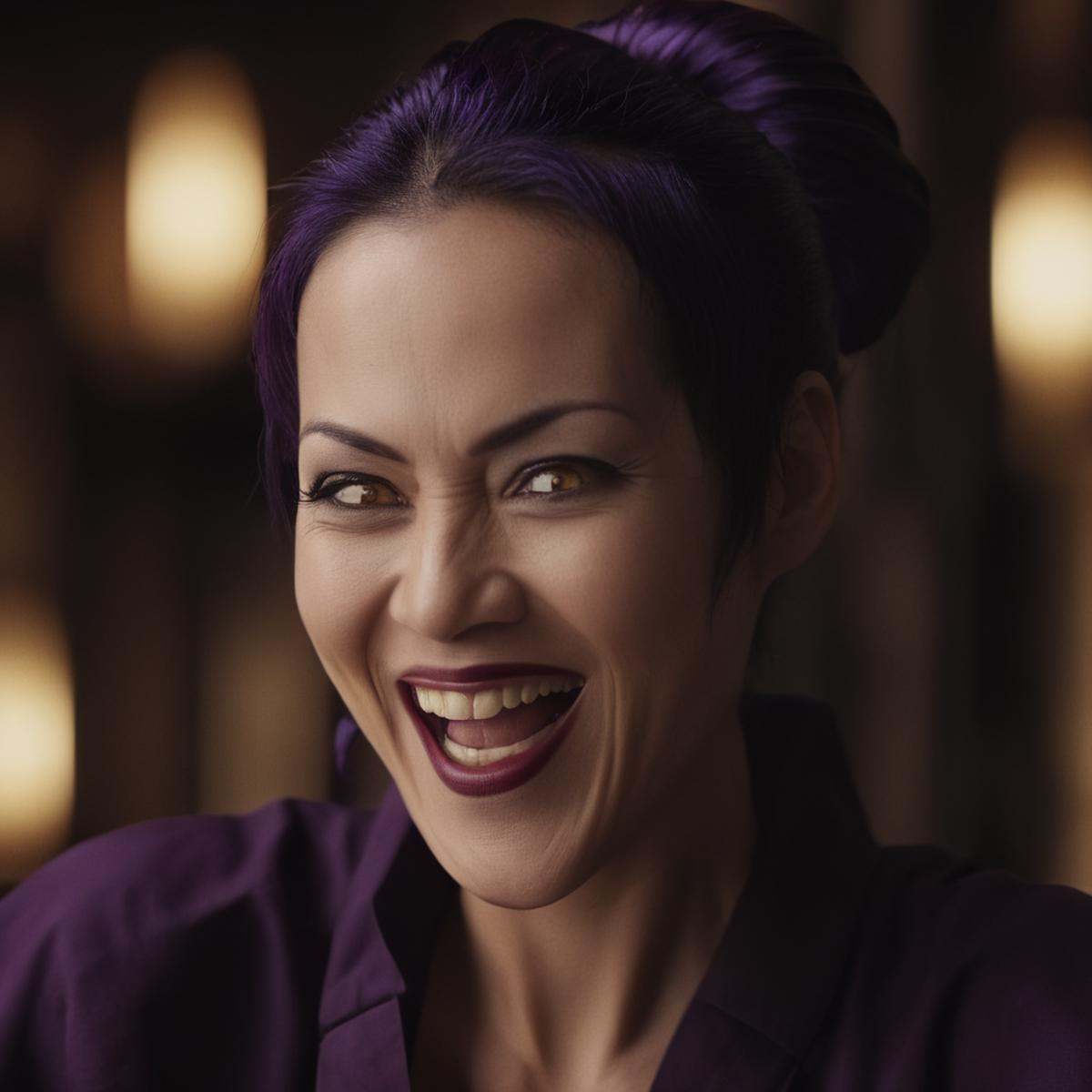 cinematic film still of Nami kozono a cinematic realistic photo of a sinister woman in a monk rob with an evil laugh smile...