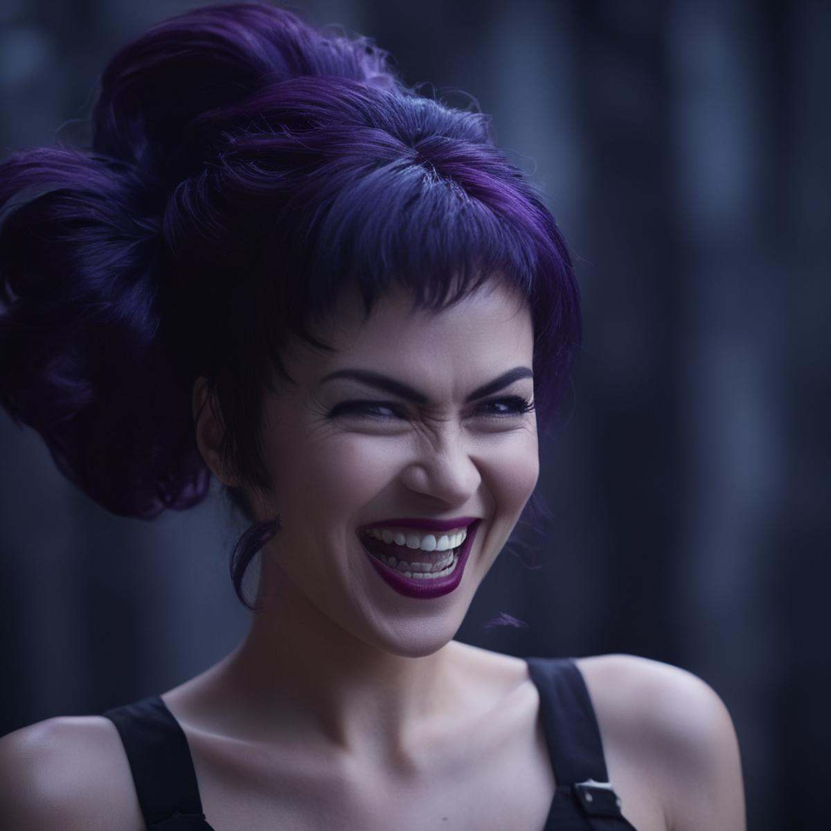 cinematic film still of Nami kozono a cinematic realistic photo of a sinister woman with an evil laugh smile and dark purp...