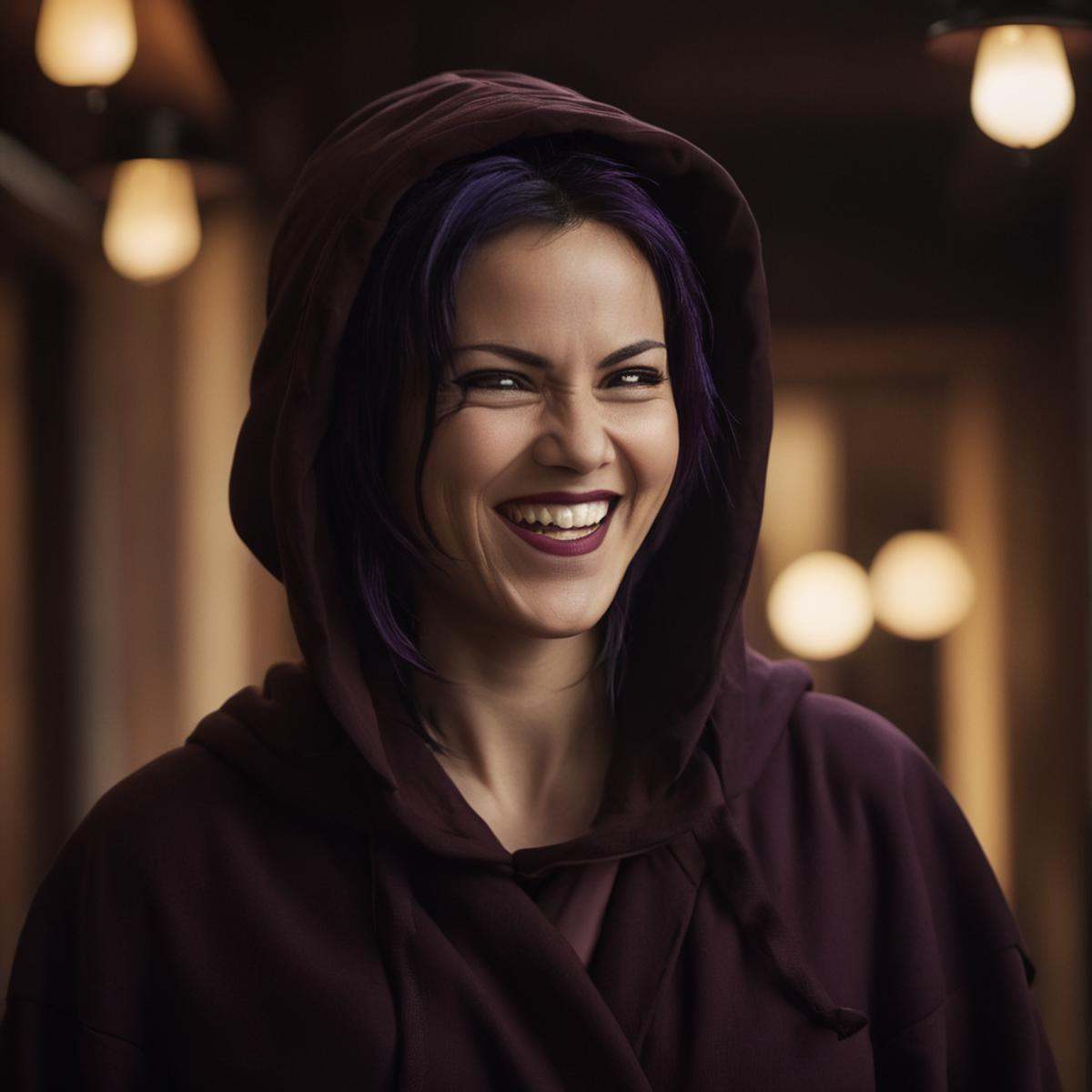 cinematic film still of Nami kozono a cinematic realistic photo of a sinister woman in a brown_hoodie monk rob with an evi...