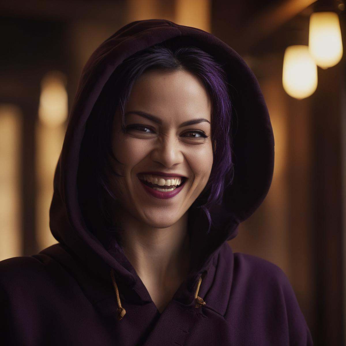 cinematic film still of Nami kozono a cinematic realistic photo of a sinister woman in a brown hoodie monk rob with an evi...