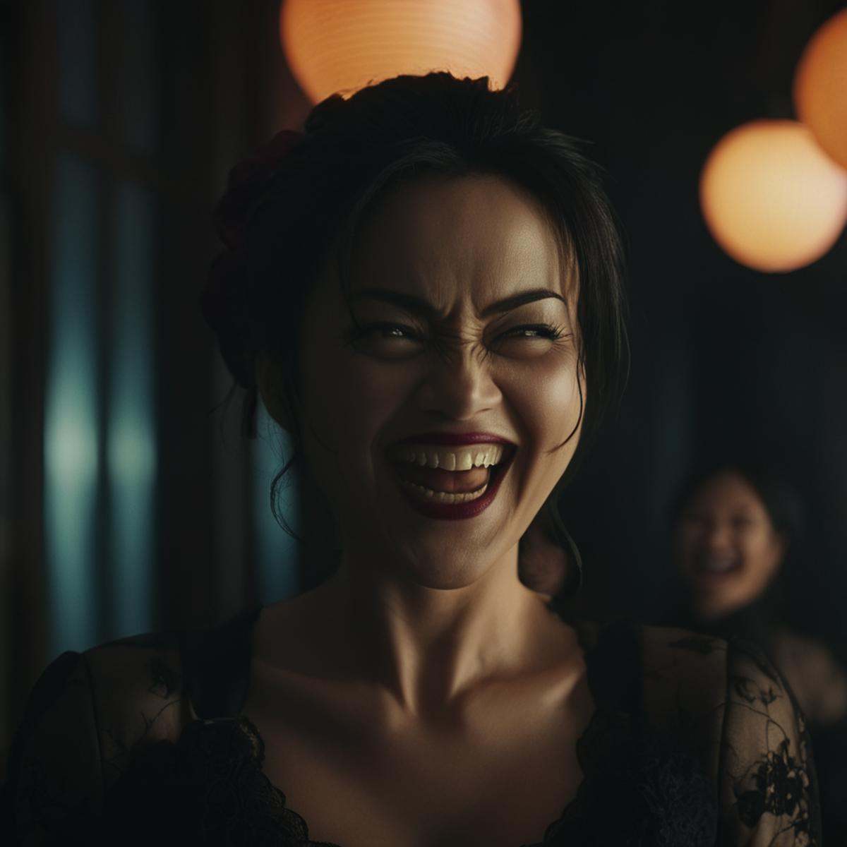 cinematic film still of Nami kozono a cinematic realistic photo of a sinister woman with an evil laugh smile,  shallow dep...