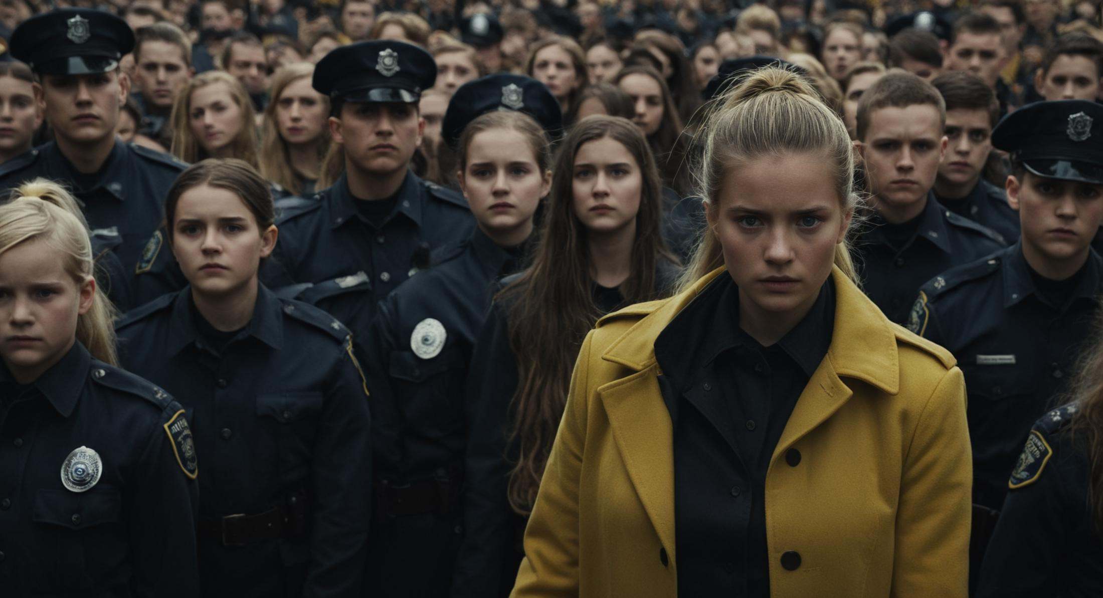 Horror-themed,  Juxtaposition of a woman in a yellow coat standing in a crowd,  long hair on Tensor.Art