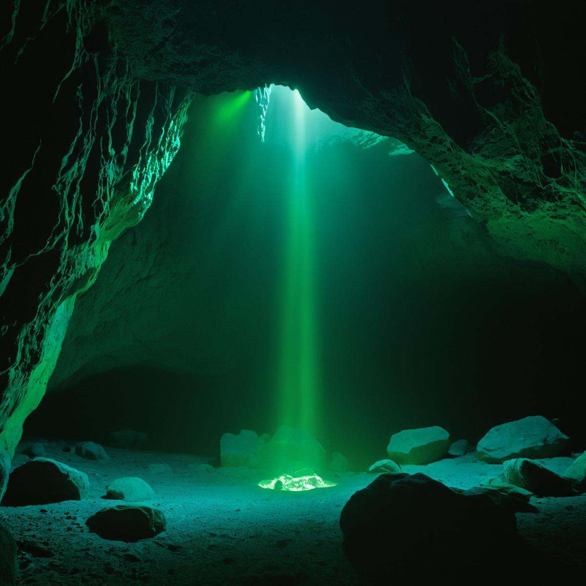cinematic film still of From below,  Juxtaposition of a cave with a bunch of green lights,  monochrome on Tensor.Art