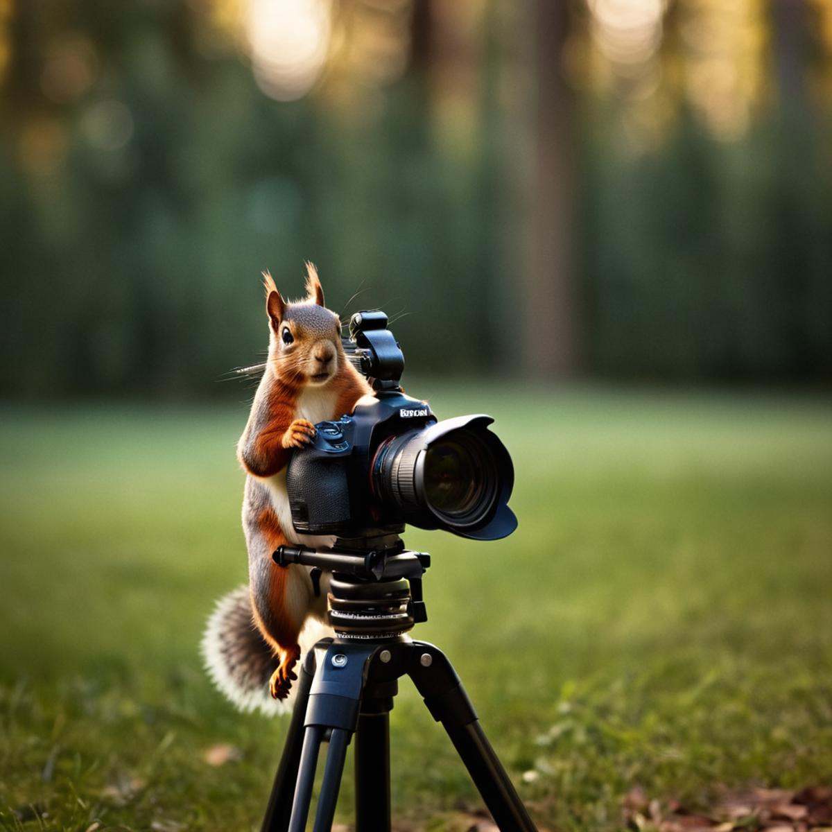 cinematic film still of Juxtaposition of a squirrel is sitting on a tripod and taking a picture,  blurry,  no humans on Te...