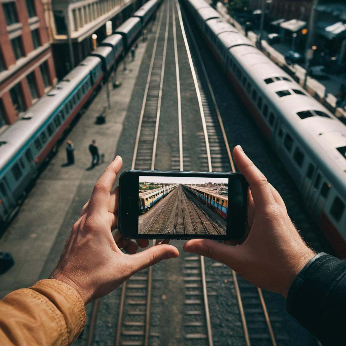 cinematic film still of From above,  Juxtaposition of a person holding a cell phone in their hand,  holding on Tensor.Art