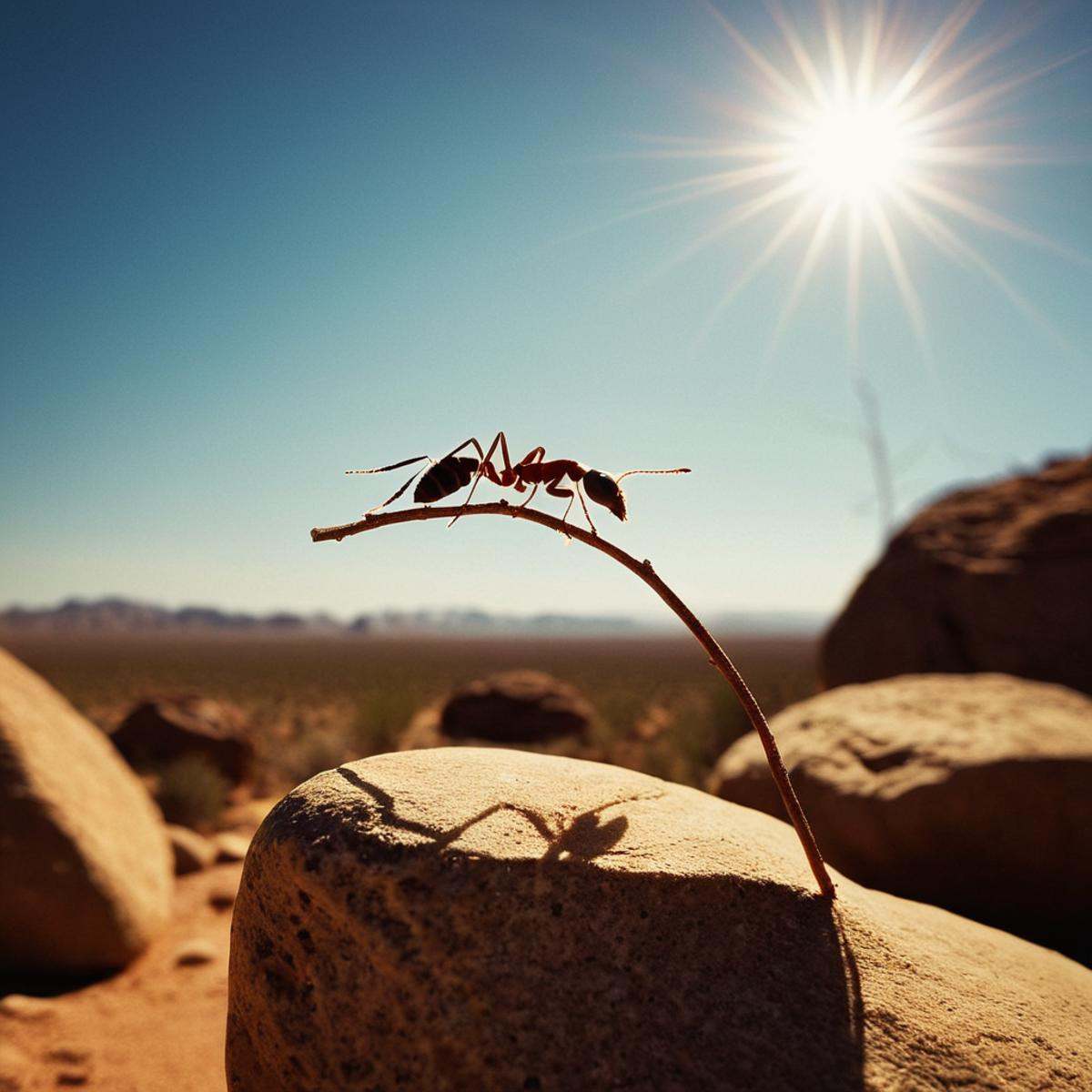 cinematic film still of Juxtaposition of a small ant carrying a branch on top of a rock with sun in backgroun,  1girl,  so...