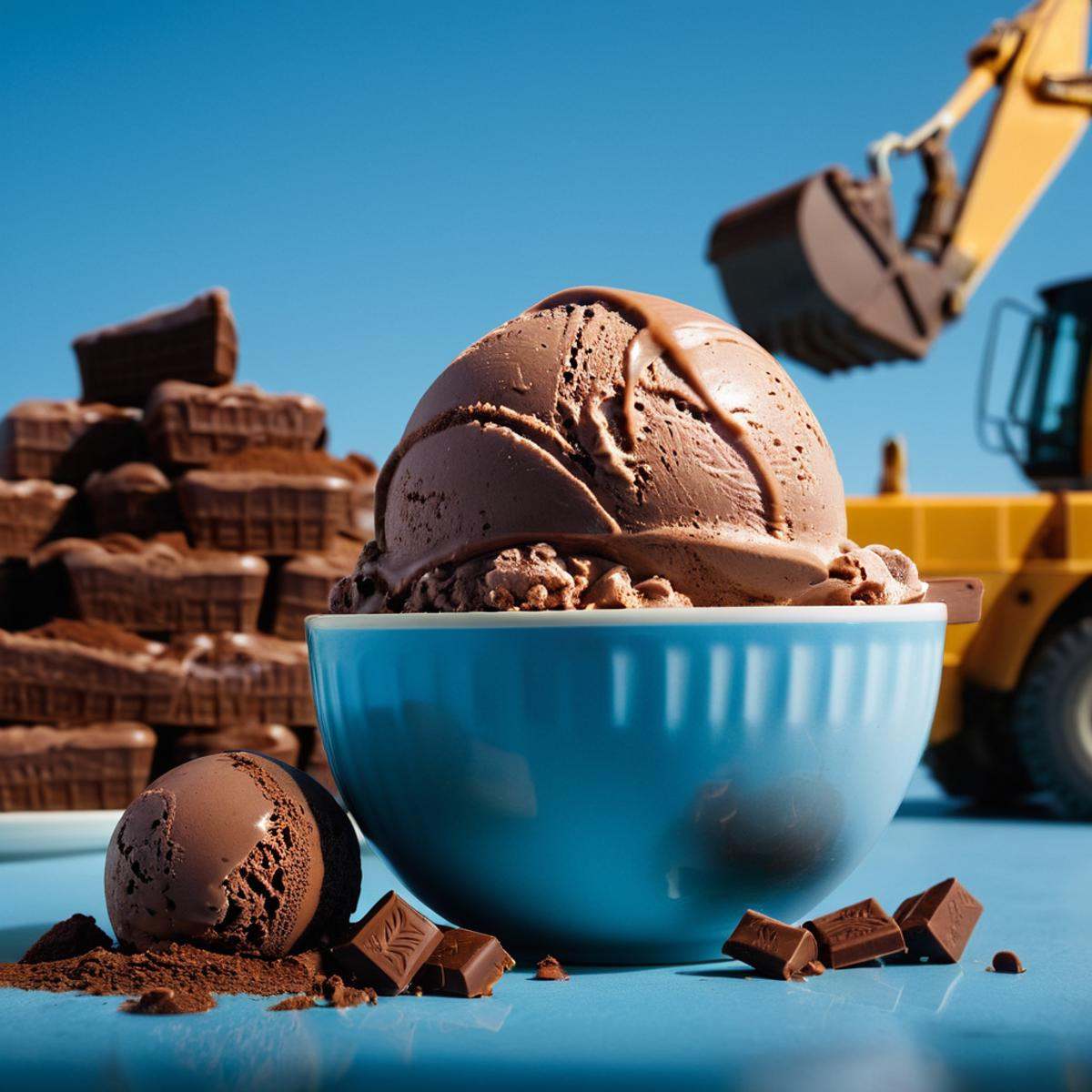 cinematic film still of Juxtaposition of a construction vehicle is digging in a cup of chocolate ice cream,  simple backgr...