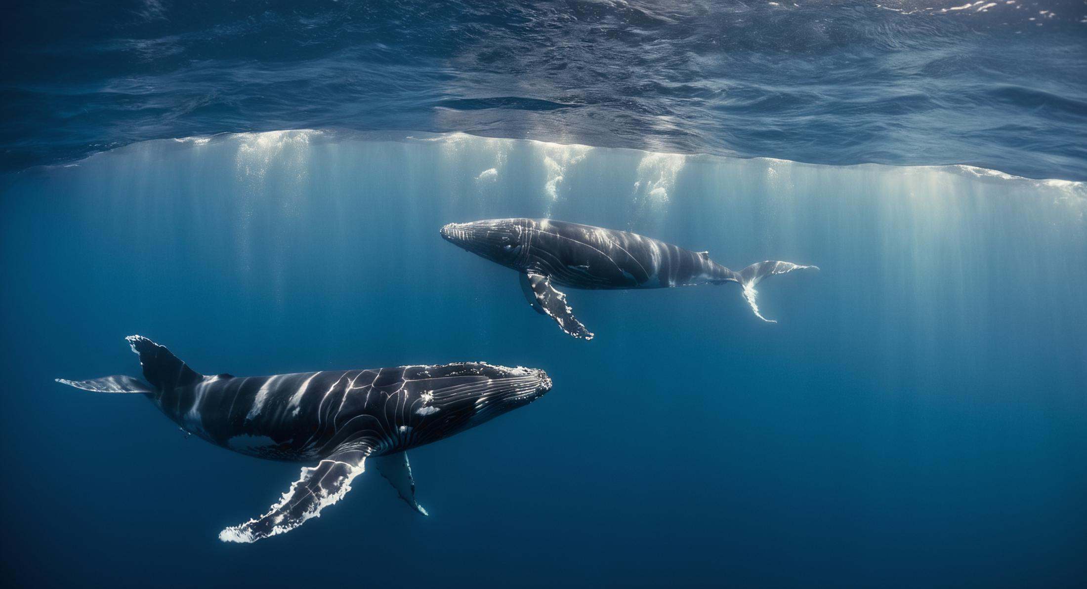 cinematic film still of Juxtaposition of a group of humpback whales swimming in the ocean,  water,  no humans on Tensor.Art