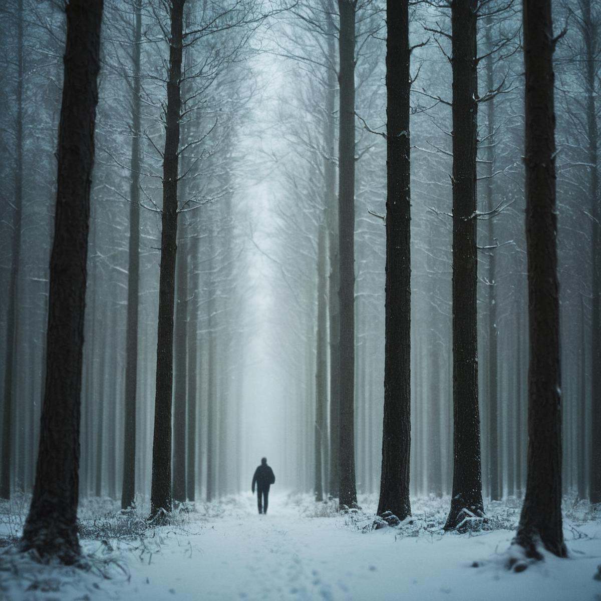 cinematic film still of Juxtaposition of a forest with a few trees and a person walking in the distance,  outdoors,  blurr...