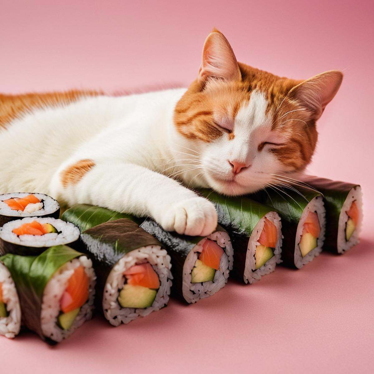 cinematic film still of Juxtaposition of a cat is sleeping on a sushi roll,  simple background,  closed eyes on Tensor.Art