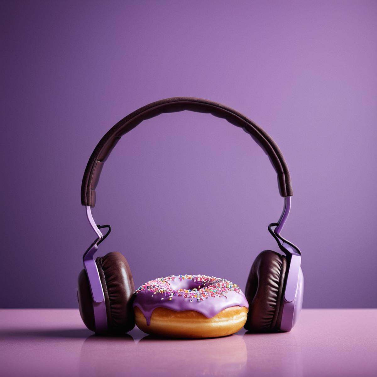 cinematic film still of Juxtaposition of a pair of a pair of headphones doughnuts shaped,  simple background,  food on Ten...