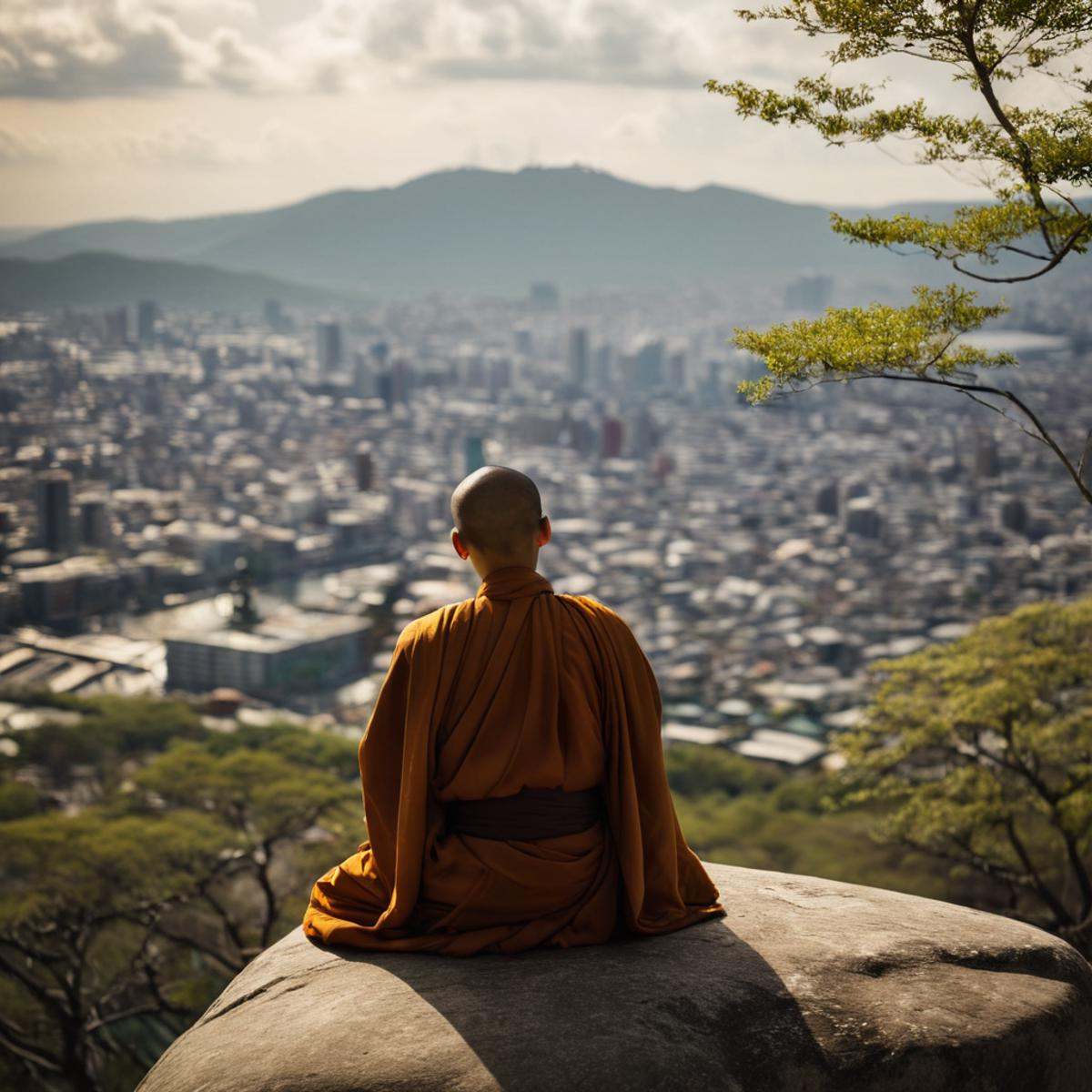 cinematic film still of Juxtaposition of a monk from behindsitting on a rock overlooking a city,  1boy,  sitting on Tensor...